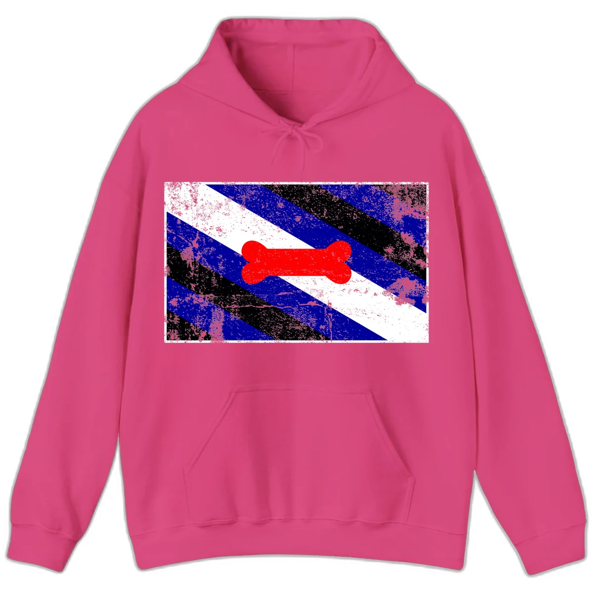 Red bone shape on distressed blue, white, and black diagonal striped background with pride flag colors in Heliconia