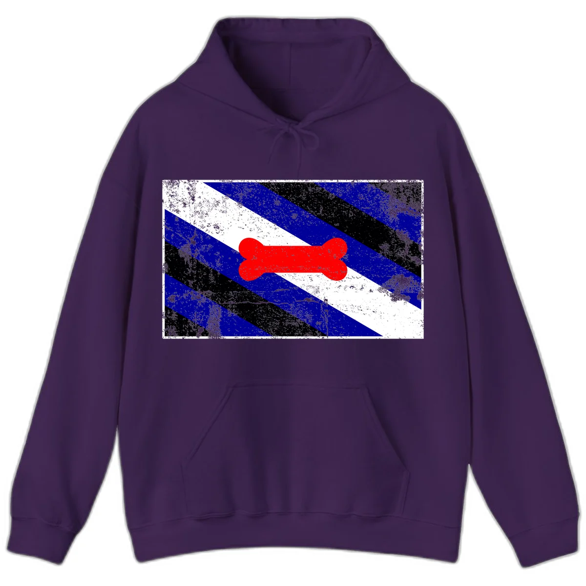 Red bone shape on distressed blue, white, and black diagonal striped background with pride flag colors in Purple