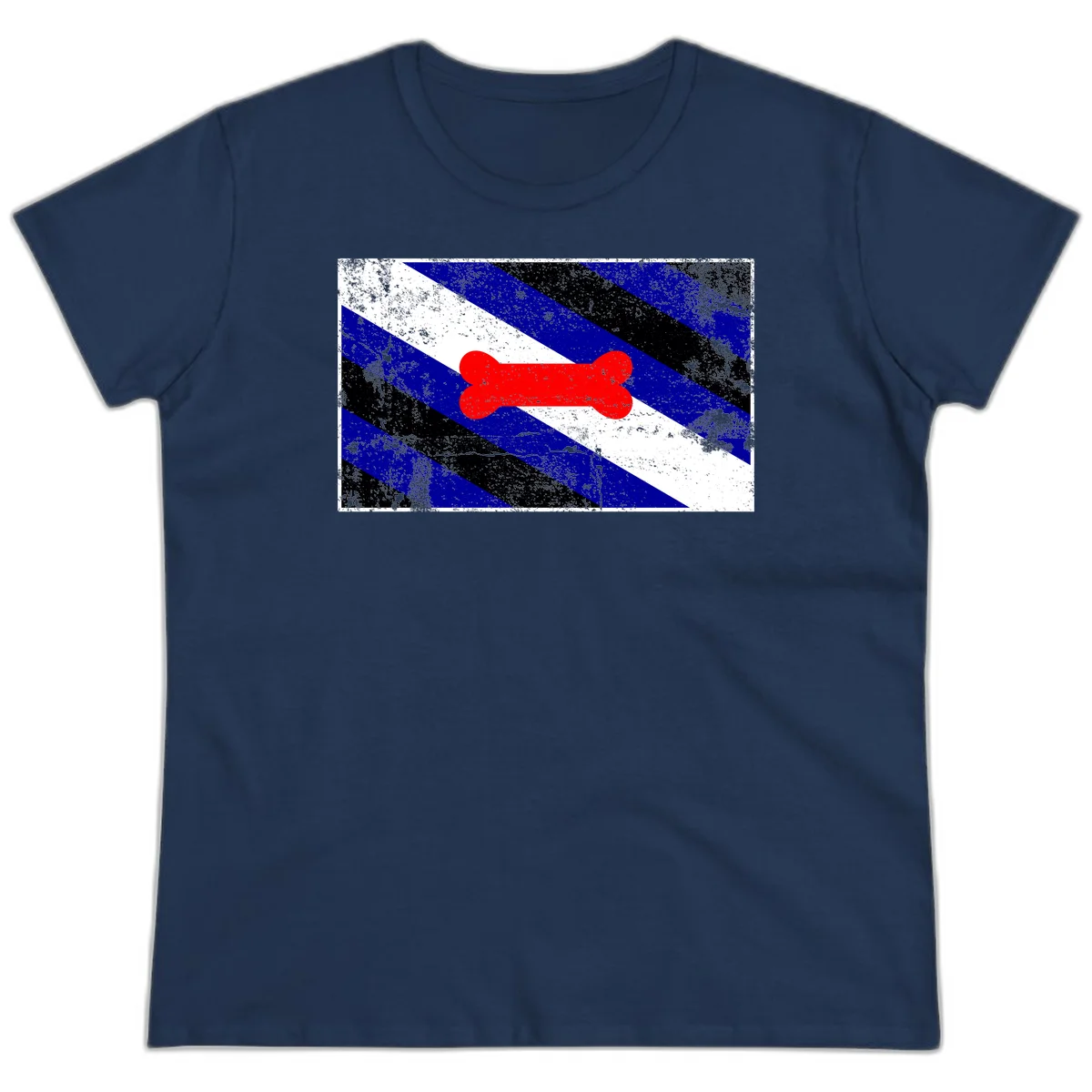 Red bone shape on distressed blue, white, and black diagonal striped background with pride flag colors in Navy