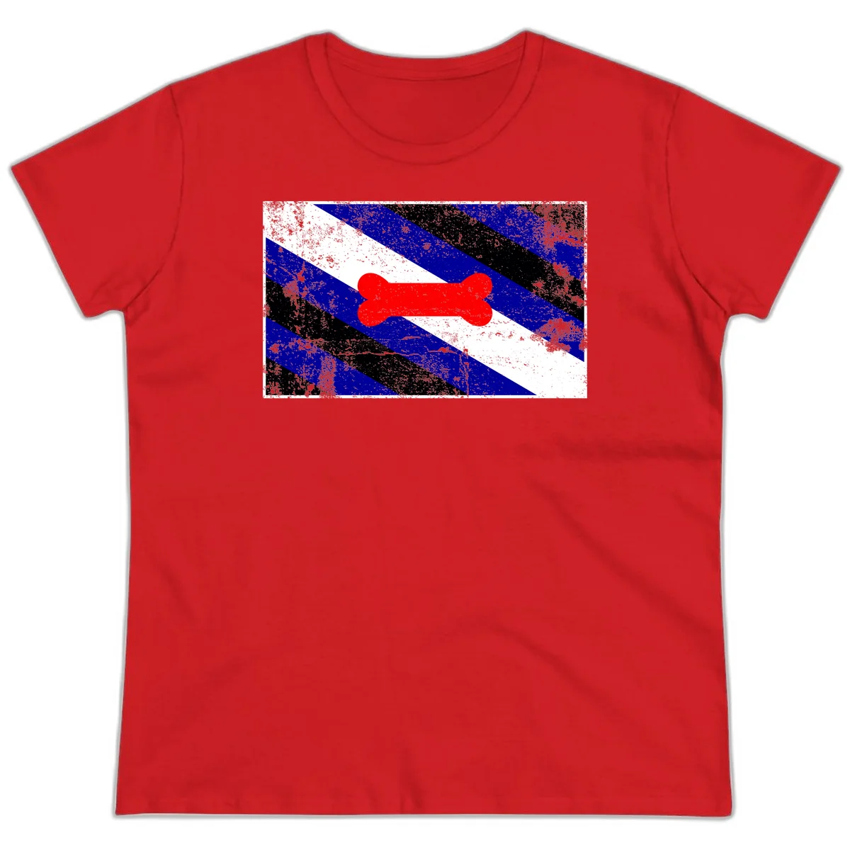 Red bone shape on distressed blue, white, and black diagonal striped background with pride flag colors in Red
