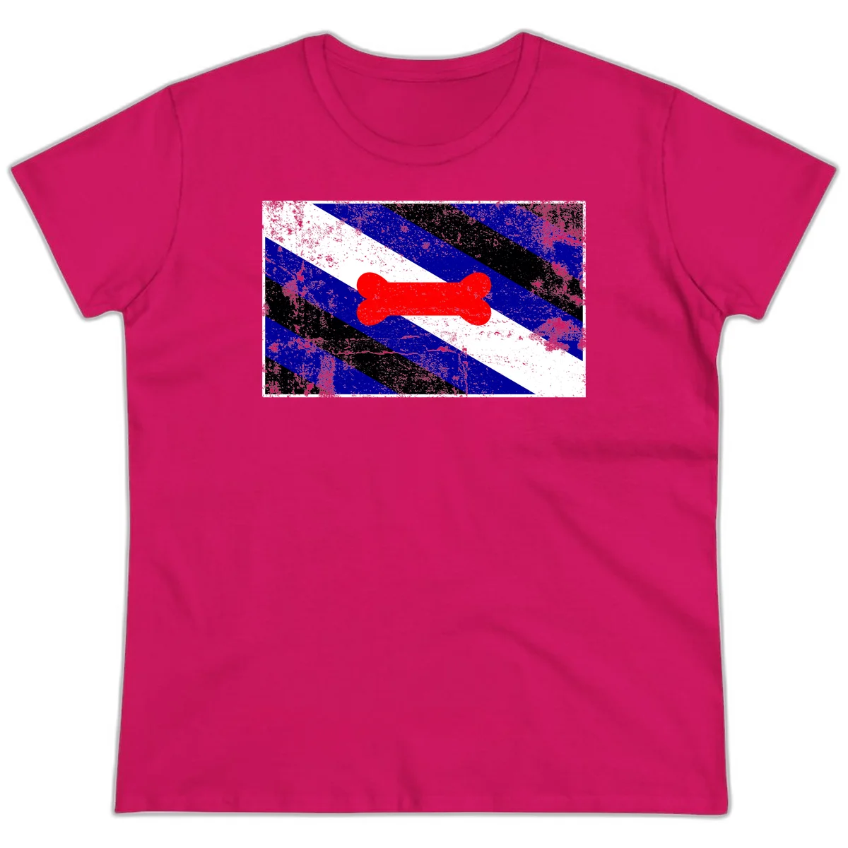 Red bone shape on distressed blue, white, and black diagonal striped background with pride flag colors in Heliconia