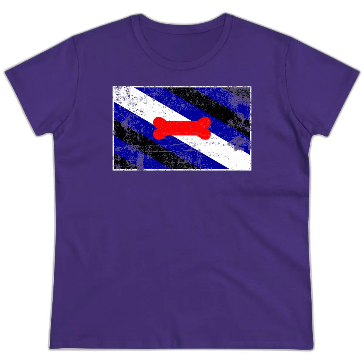 Red bone shape on distressed blue, white, and black diagonal striped background with pride flag colors in Purple
