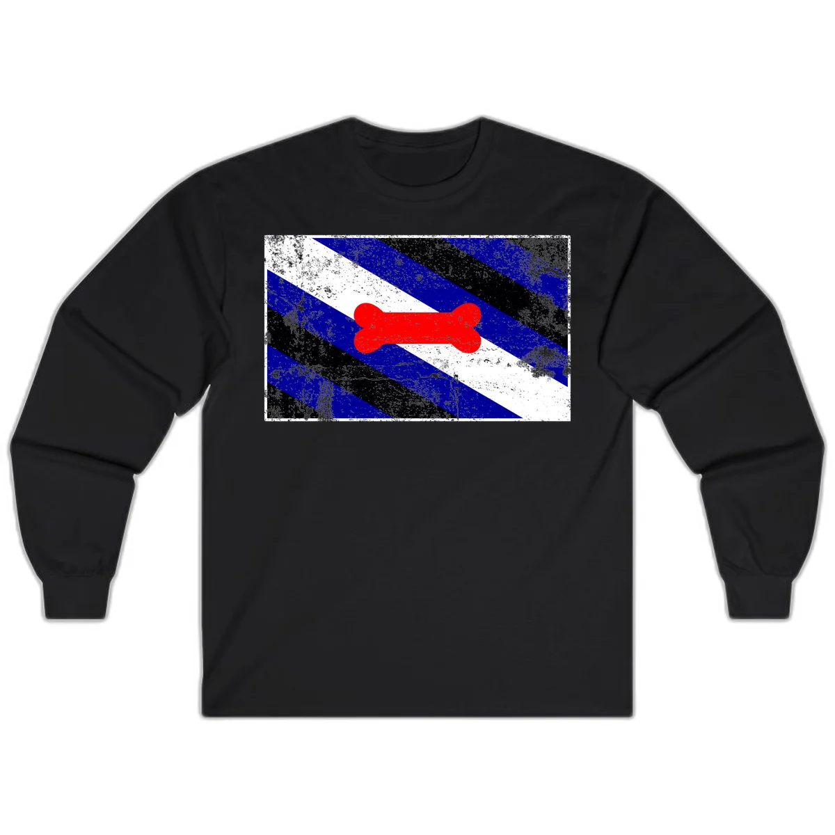 Red bone shape on distressed blue, white, and black diagonal striped background with pride flag colors in Black