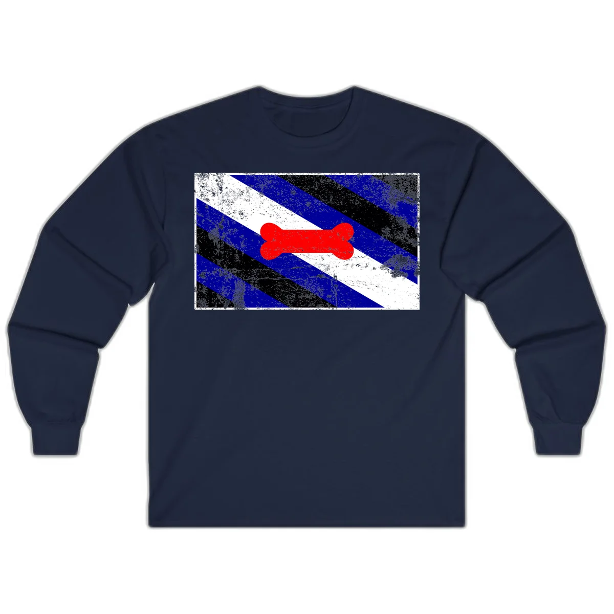 Red bone shape on distressed blue, white, and black diagonal striped background with pride flag colors in Navy