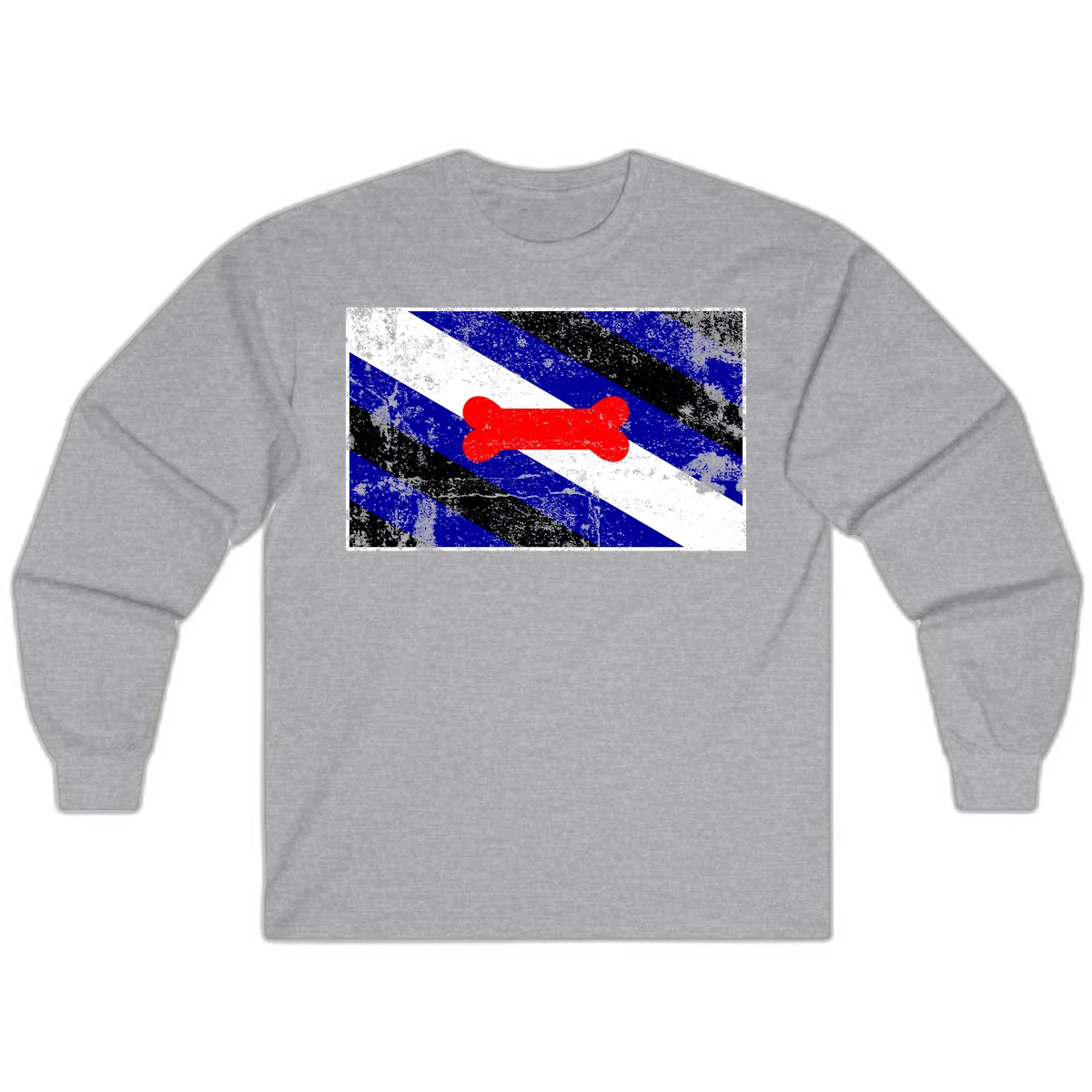 Red bone shape on distressed blue, white, and black diagonal striped background with pride flag colors in Sport Grey