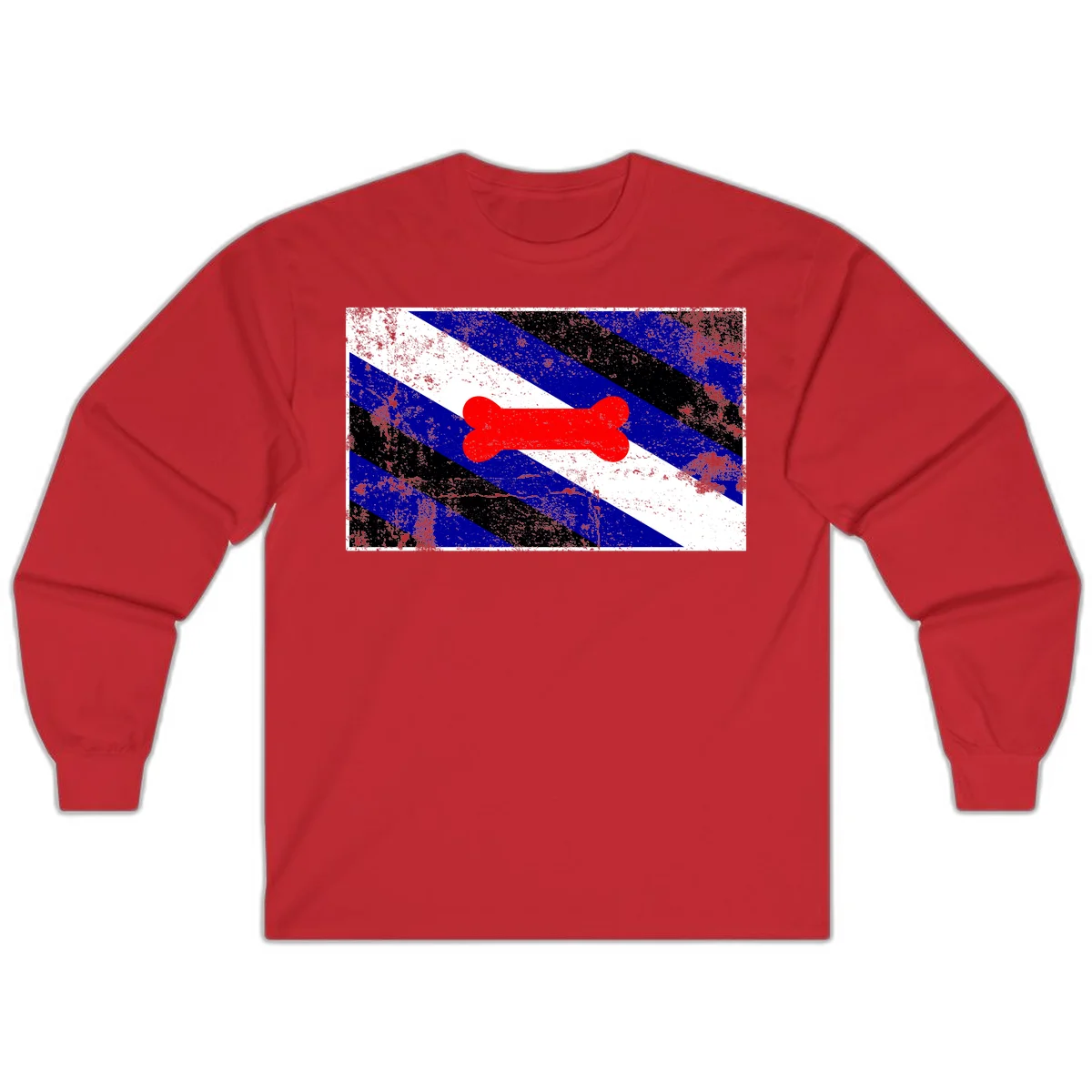 Red bone shape on distressed blue, white, and black diagonal striped background with pride flag colors in Red