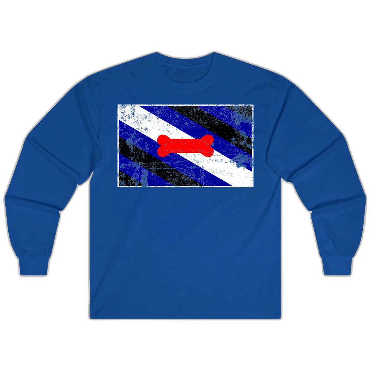 Red bone shape on distressed blue, white, and black diagonal striped background with pride flag colors in Royal