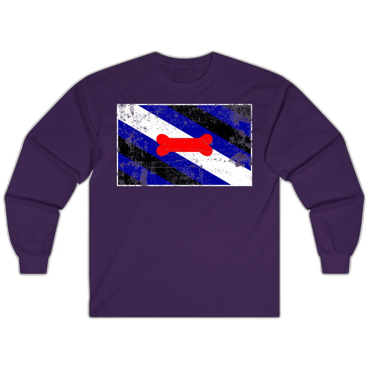 Red bone shape on distressed blue, white, and black diagonal striped background with pride flag colors in Purple