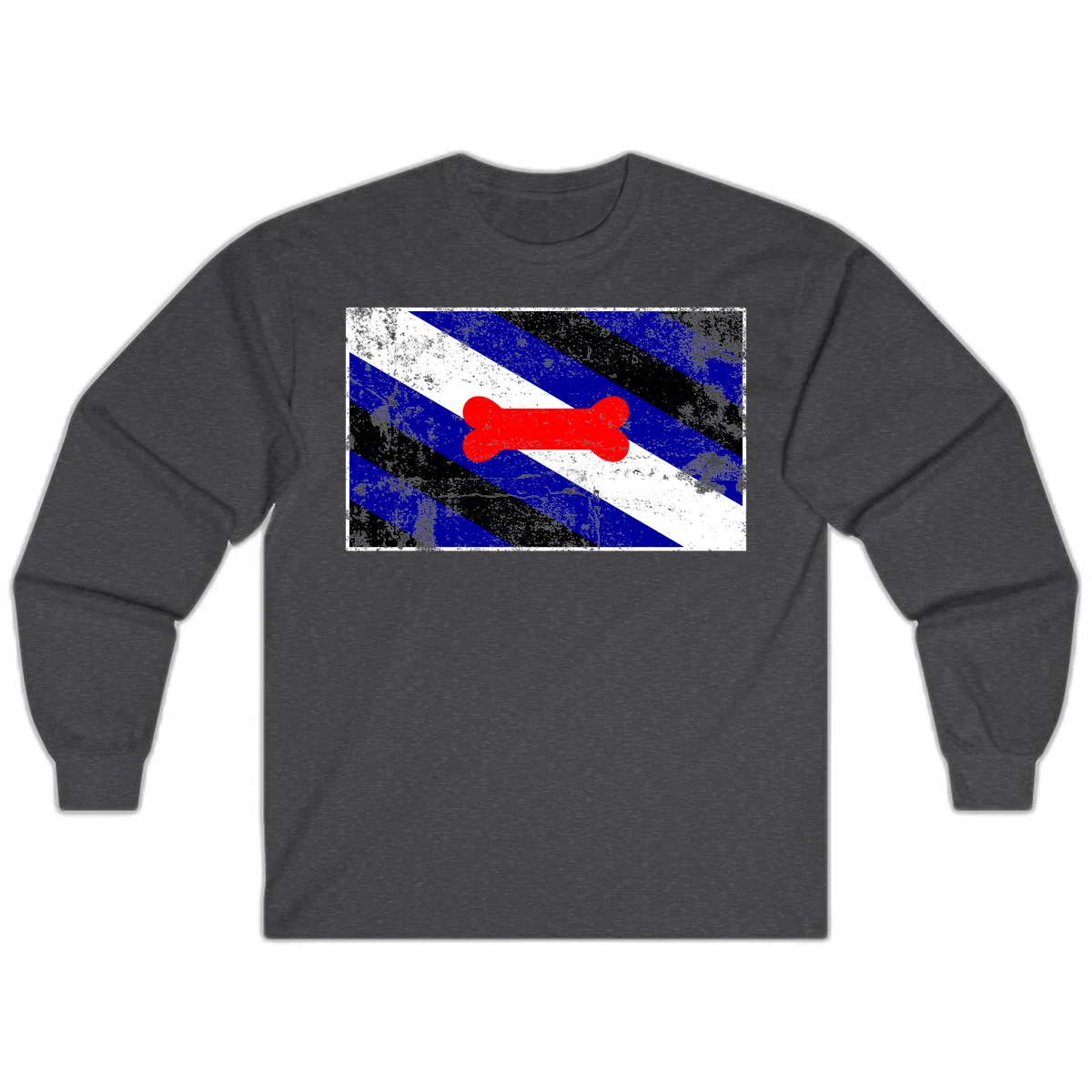 Red bone shape on distressed blue, white, and black diagonal striped background with pride flag colors in Dark Heather