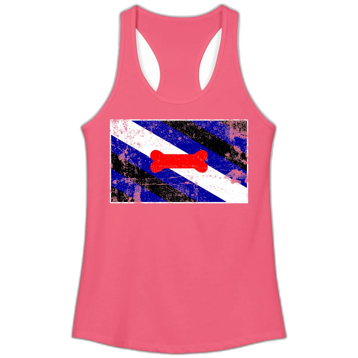 Red bone shape on distressed blue, white, and black diagonal striped background with pride flag colors in Hot Pink
