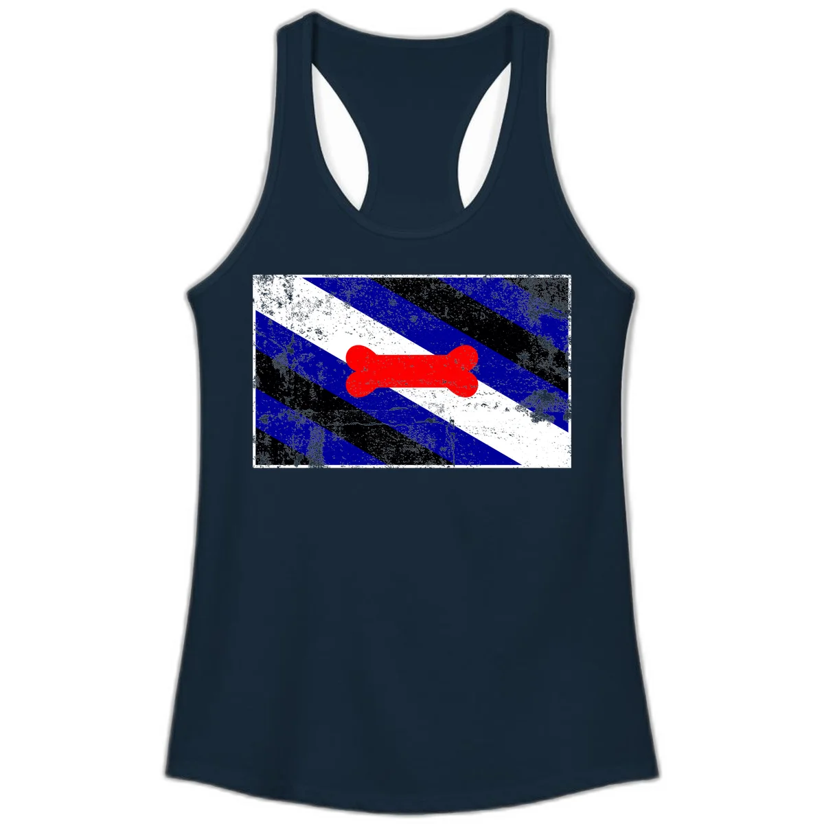 Red bone shape on distressed blue, white, and black diagonal striped background with pride flag colors in Solid Midnight Navy