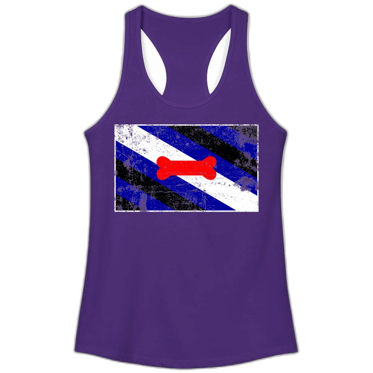 Red bone shape on distressed blue, white, and black diagonal striped background with pride flag colors in Solid Purple Rush