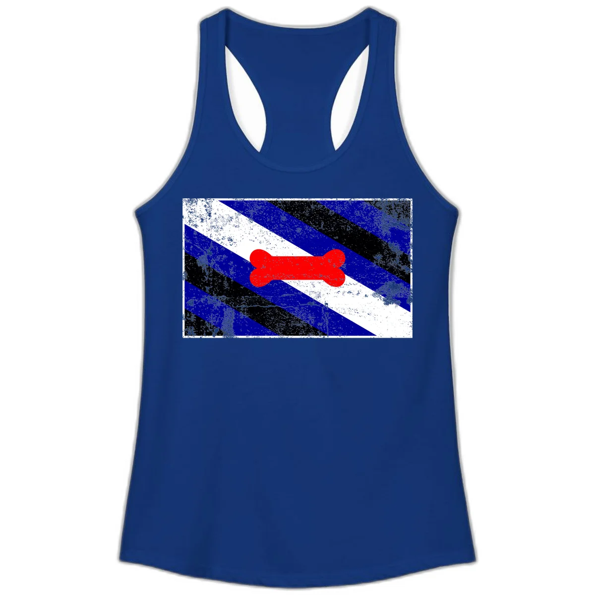Red bone shape on distressed blue, white, and black diagonal striped background with pride flag colors in Solid Royal
