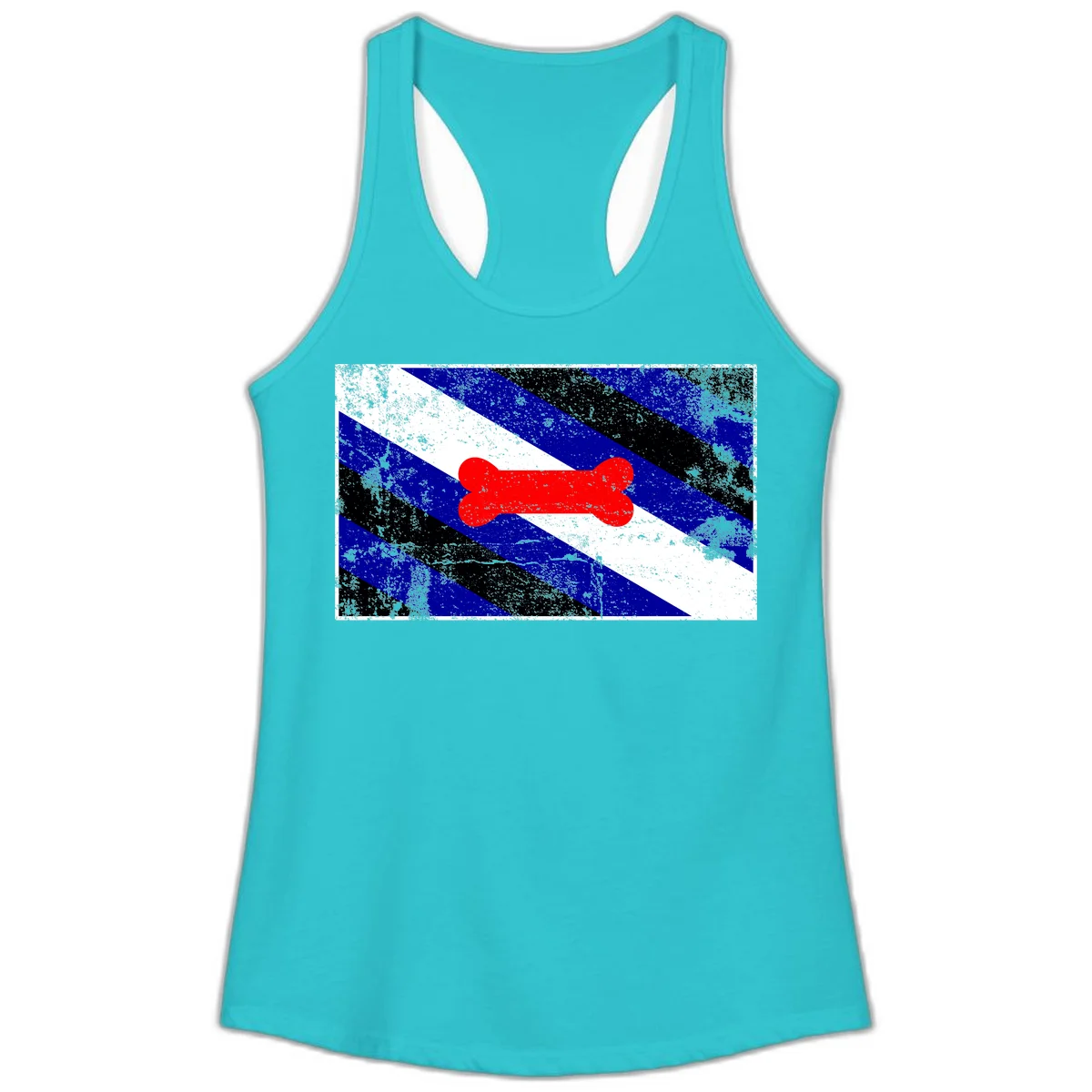 Red bone shape on distressed blue, white, and black diagonal striped background with pride flag colors in Solid Tahiti Blue