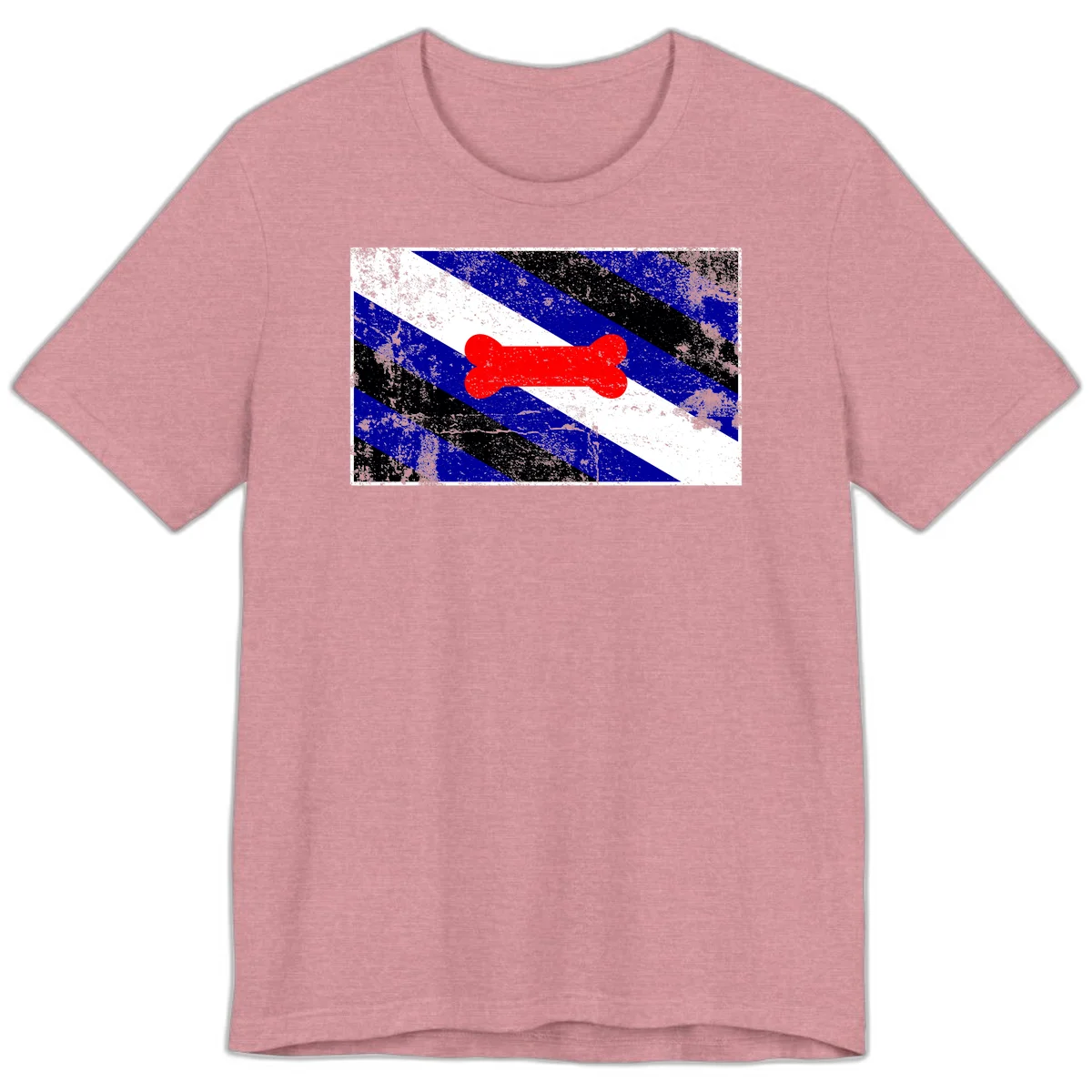 Red bone shape on distressed blue, white, and black diagonal striped background with pride flag colors in Heather Orchid