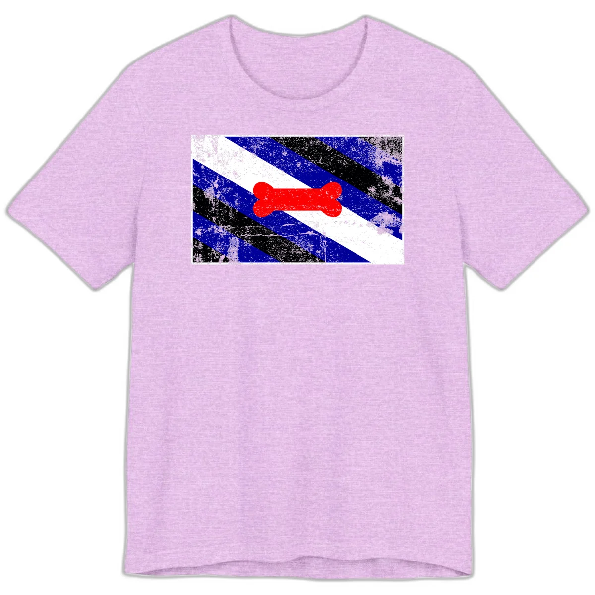 Red bone shape on distressed blue, white, and black diagonal striped background with pride flag colors in Heather Prism Lilac