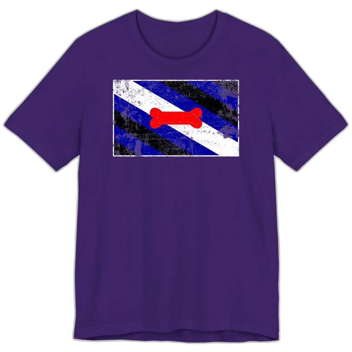 Red bone shape on distressed blue, white, and black diagonal striped background with pride flag colors in Team Purple