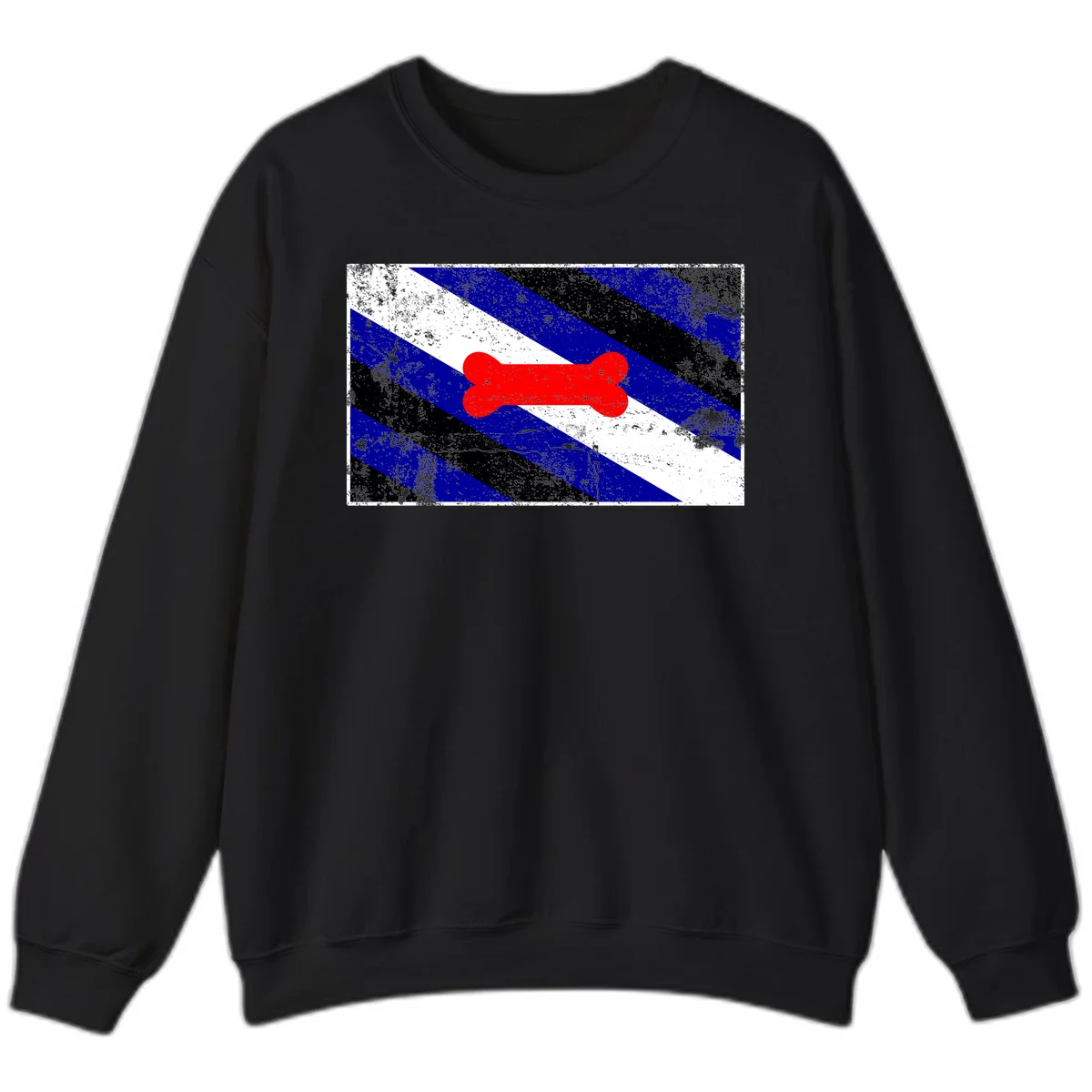 Red bone shape on distressed blue, white, and black diagonal striped background with pride flag colors in Black