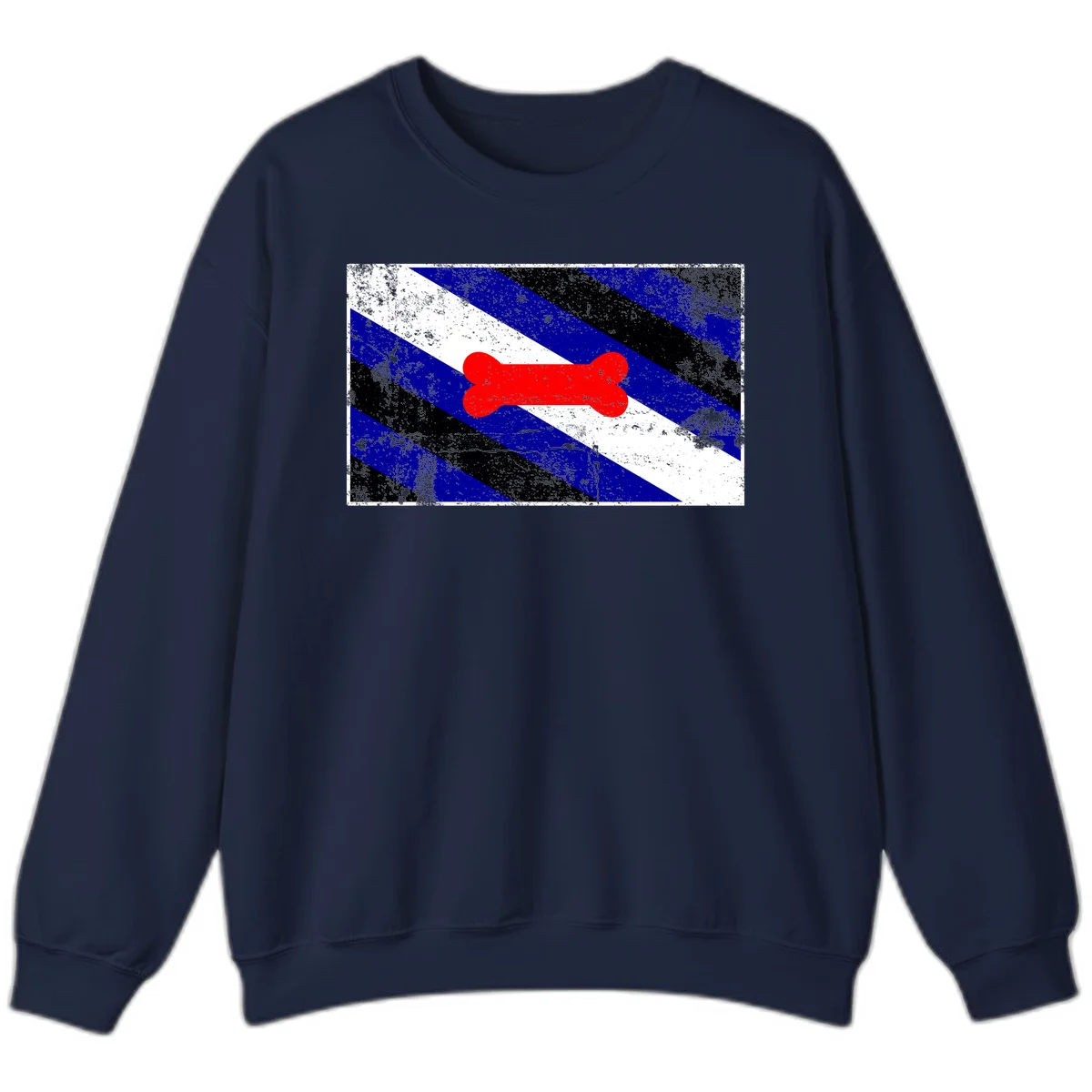 Red bone shape on distressed blue, white, and black diagonal striped background with pride flag colors in Navy