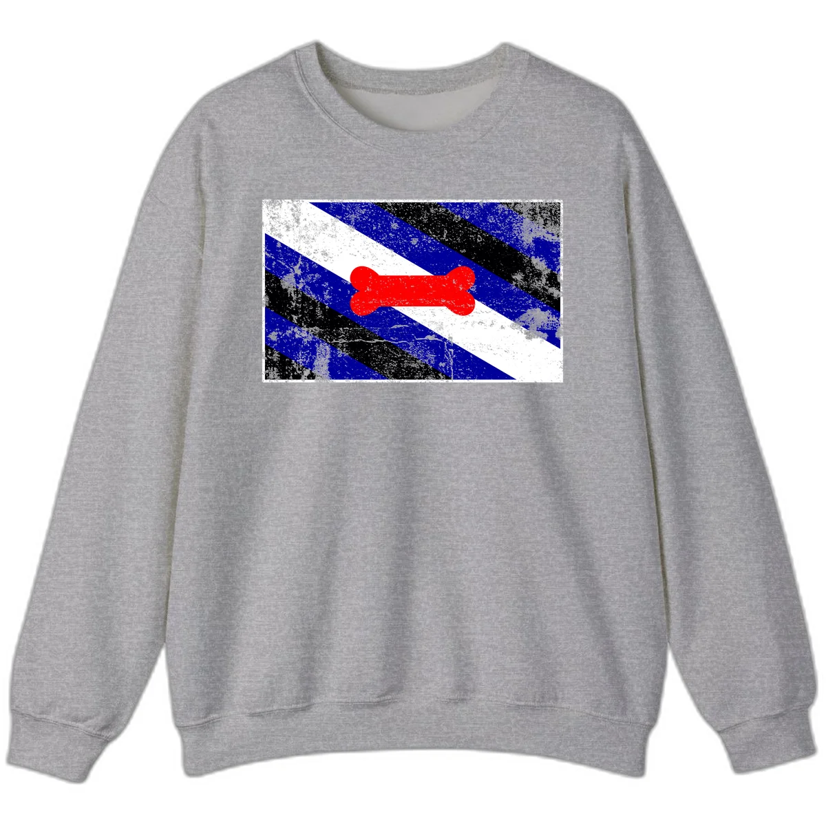 Red bone shape on distressed blue, white, and black diagonal striped background with pride flag colors in Sport Grey