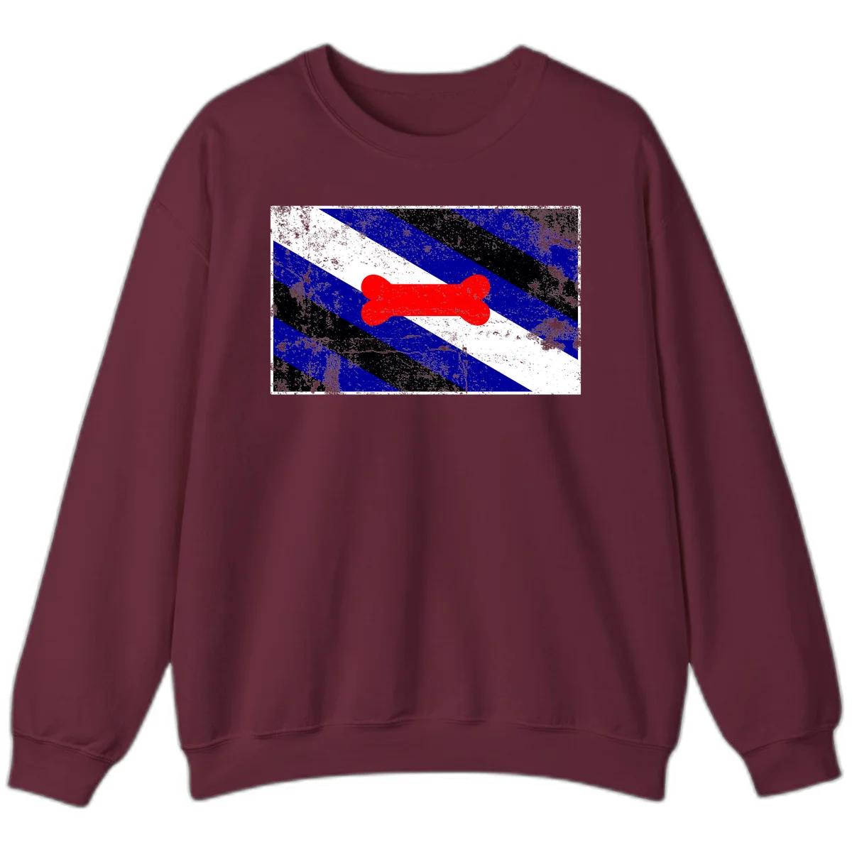 Red bone shape on distressed blue, white, and black diagonal striped background with pride flag colors in Maroon