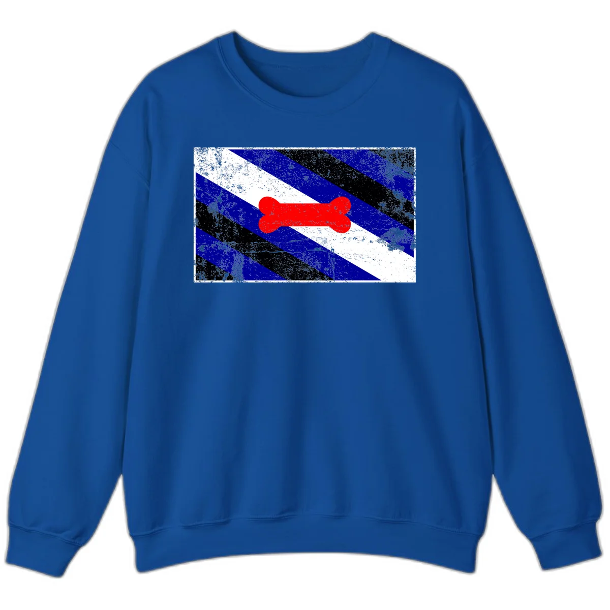 Red bone shape on distressed blue, white, and black diagonal striped background with pride flag colors in Royal