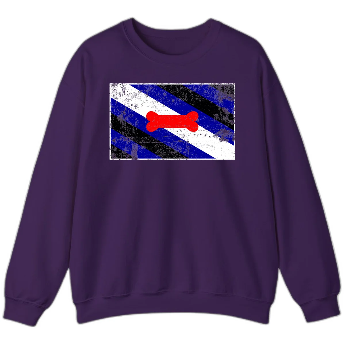 Red bone shape on distressed blue, white, and black diagonal striped background with pride flag colors in Purple