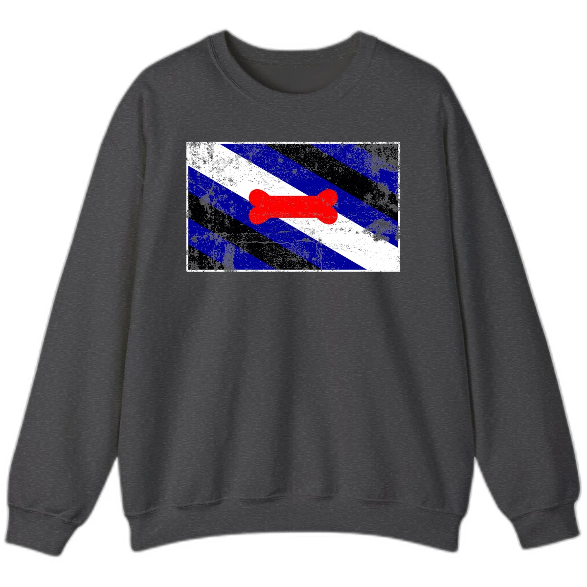 Red bone shape on distressed blue, white, and black diagonal striped background with pride flag colors in Dark Heather