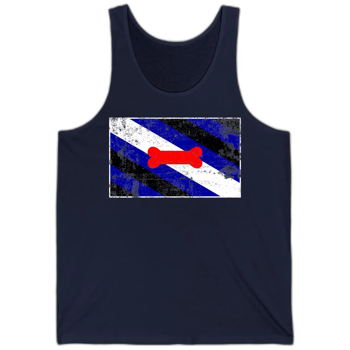 Red bone shape on distressed blue, white, and black diagonal striped background with pride flag colors in Navy
