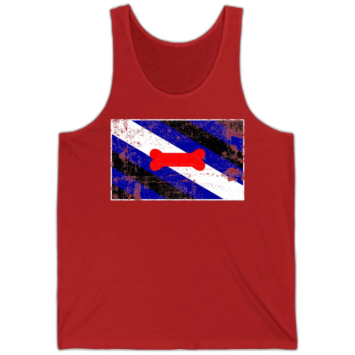 Red bone shape on distressed blue, white, and black diagonal striped background with pride flag colors in Red
