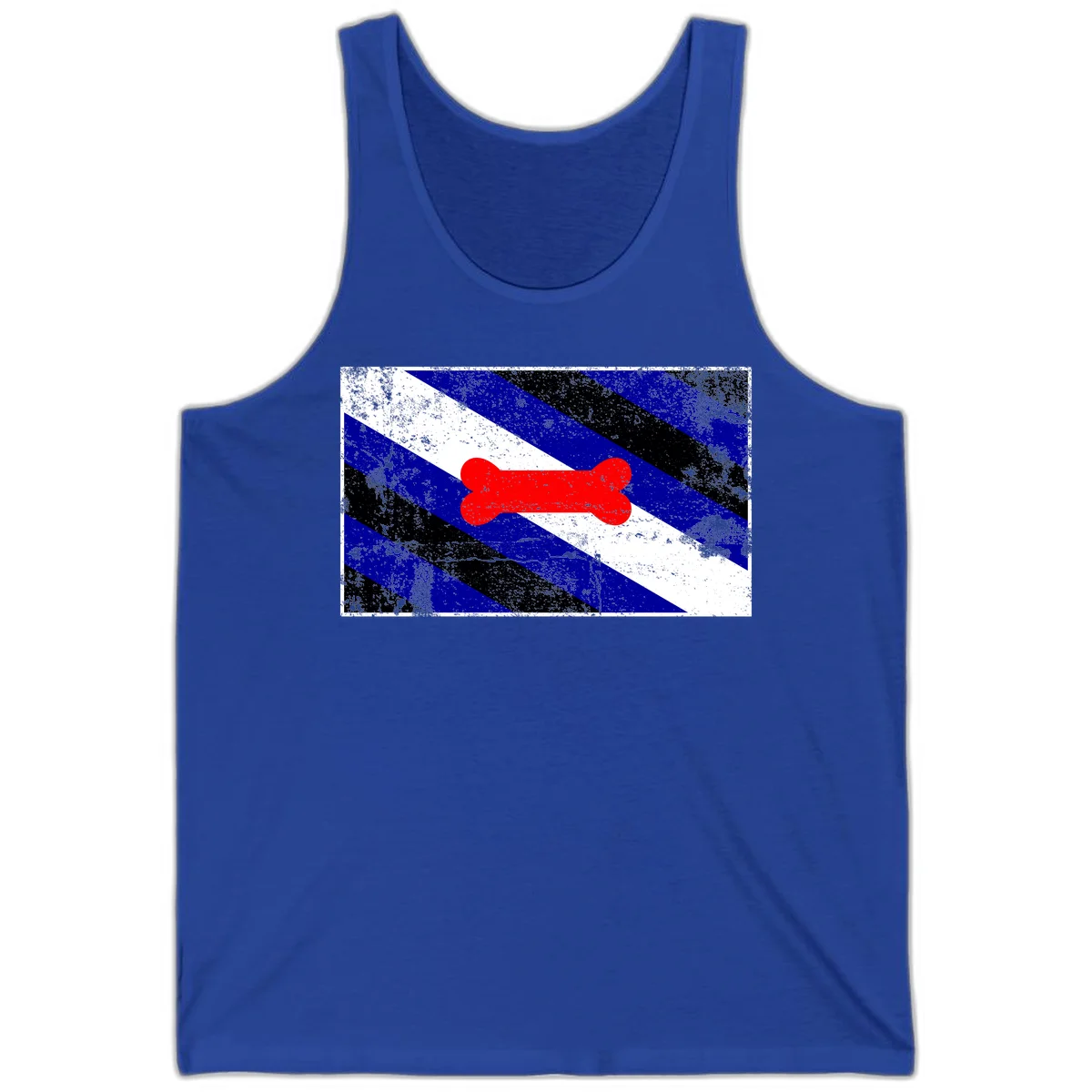 Red bone shape on distressed blue, white, and black diagonal striped background with pride flag colors in True Royal