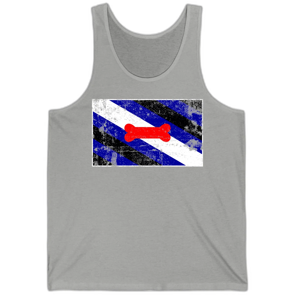 Red bone shape on distressed blue, white, and black diagonal striped background with pride flag colors in Athletic Heather