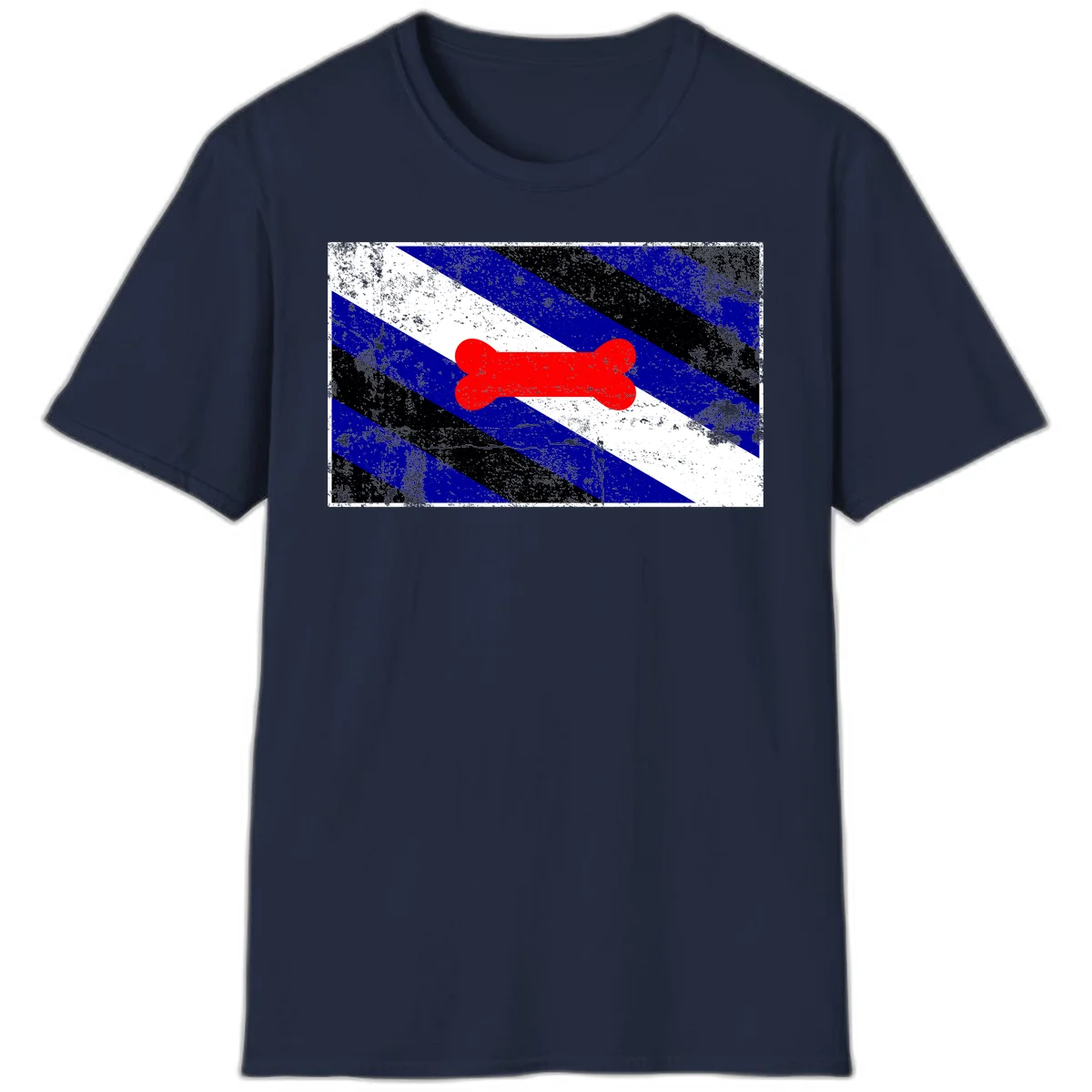 Red bone shape on distressed blue, white, and black diagonal striped background with pride flag colors in Navy