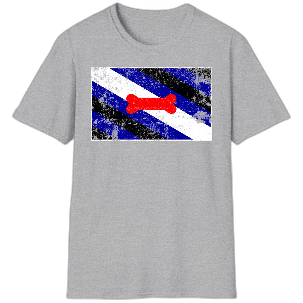 Red bone shape on distressed blue, white, and black diagonal striped background with pride flag colors in Sport Grey
