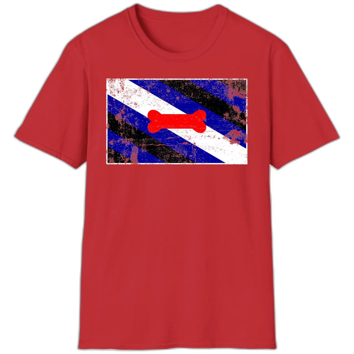 Red bone shape on distressed blue, white, and black diagonal striped background with pride flag colors in Red