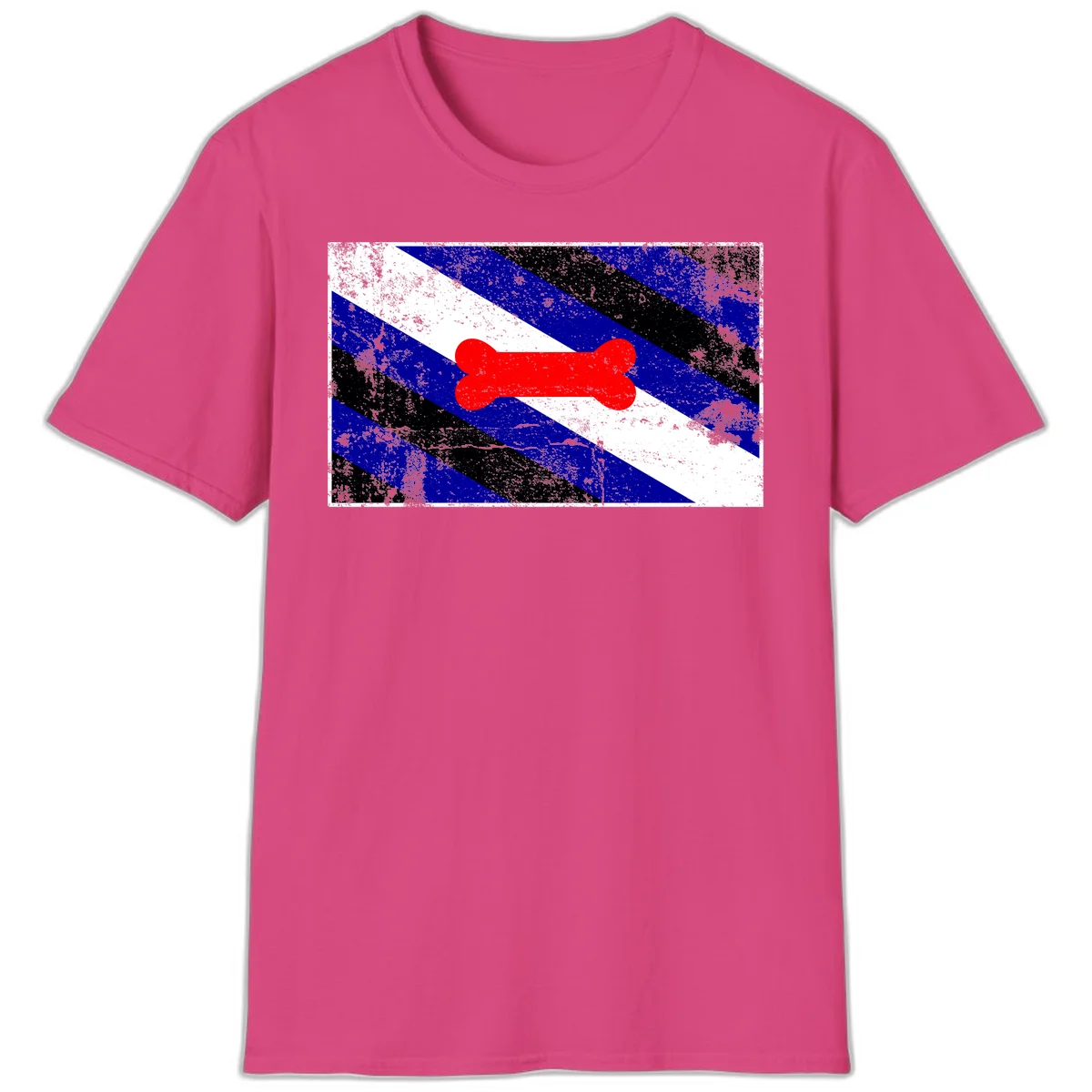 Red bone shape on distressed blue, white, and black diagonal striped background with pride flag colors in Heliconia