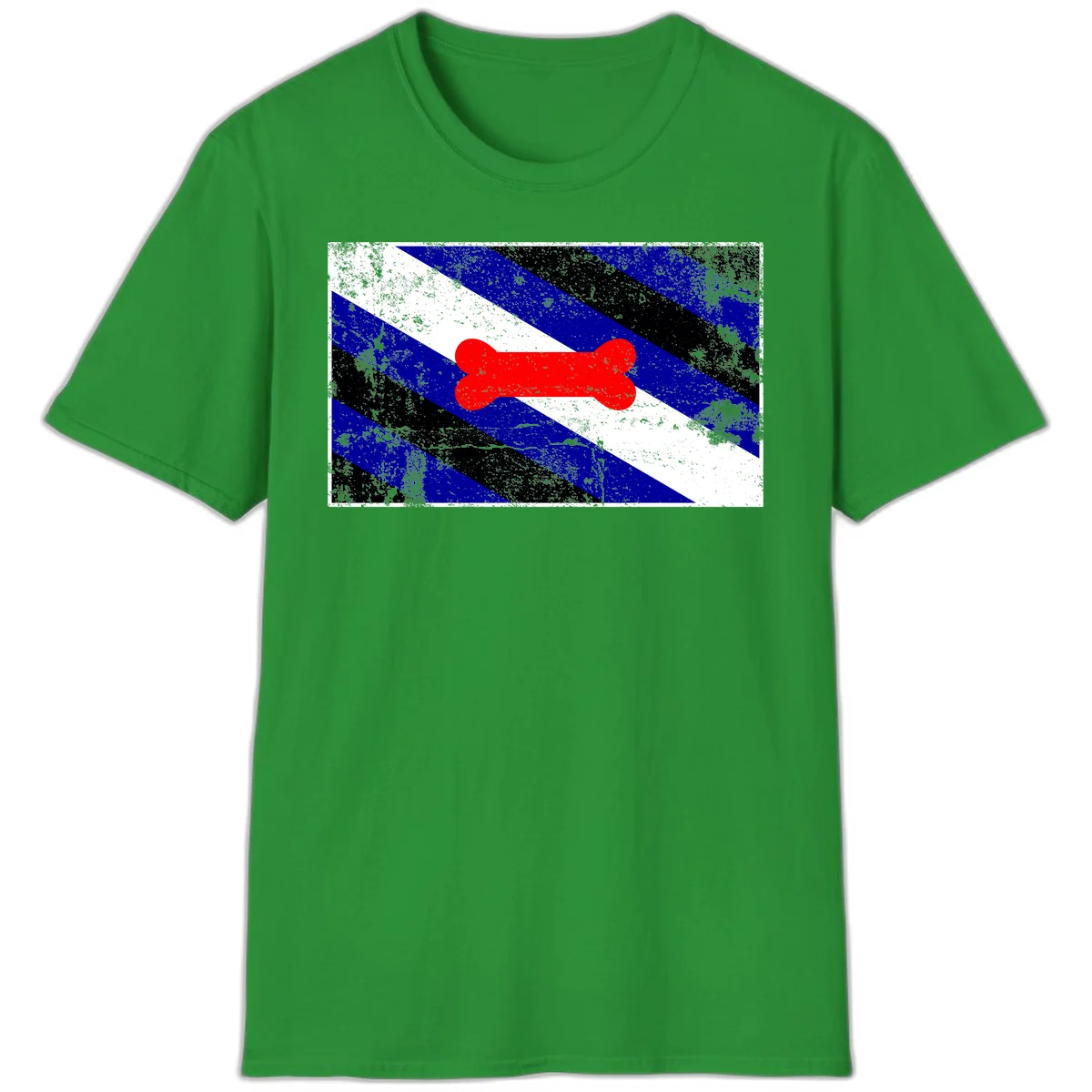 Red bone shape on distressed blue, white, and black diagonal striped background with pride flag colors in Irish Green
