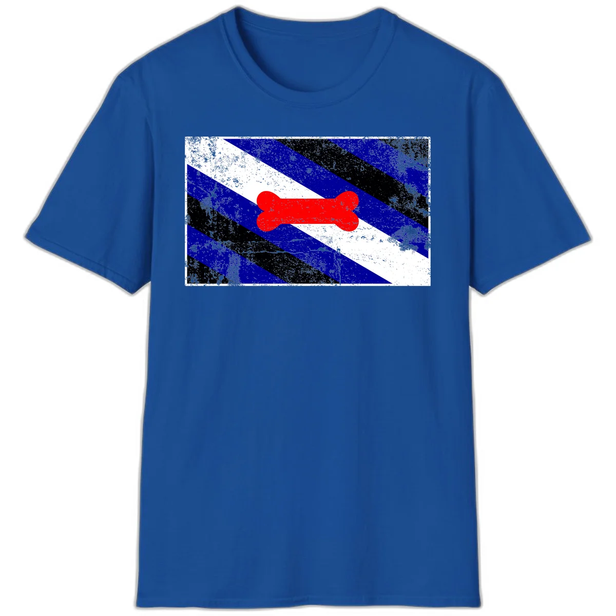 Red bone shape on distressed blue, white, and black diagonal striped background with pride flag colors in Royal