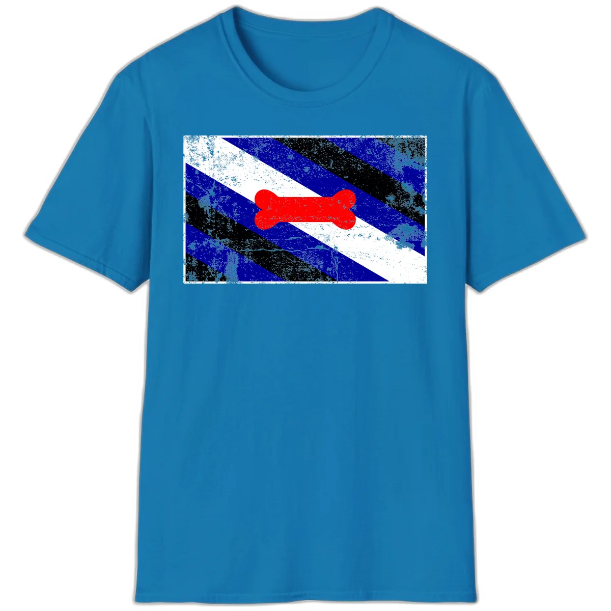 Red bone shape on distressed blue, white, and black diagonal striped background with pride flag colors in Sapphire