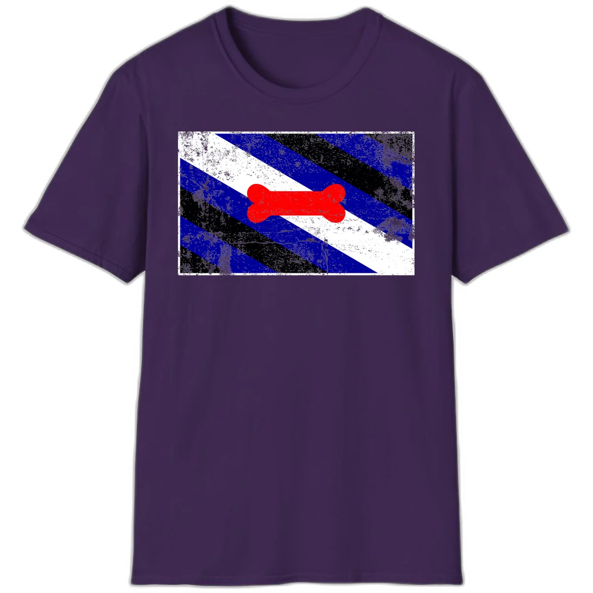 Red bone shape on distressed blue, white, and black diagonal striped background with pride flag colors in Purple