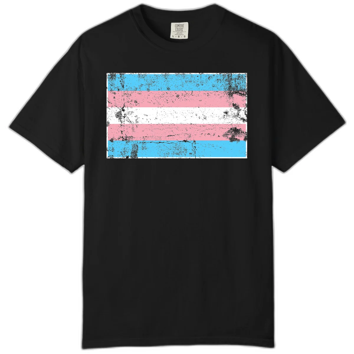 Distressed transgender pride flag with cyan, pink, and white horizontal stripes and weathered grunge texture in Black