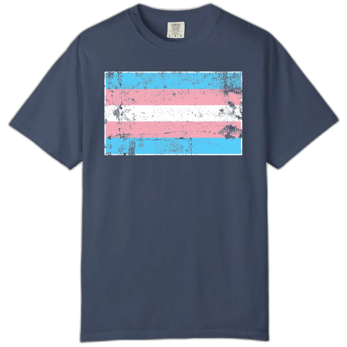 Distressed transgender pride flag with cyan, pink, and white horizontal stripes and weathered grunge texture in Midnight