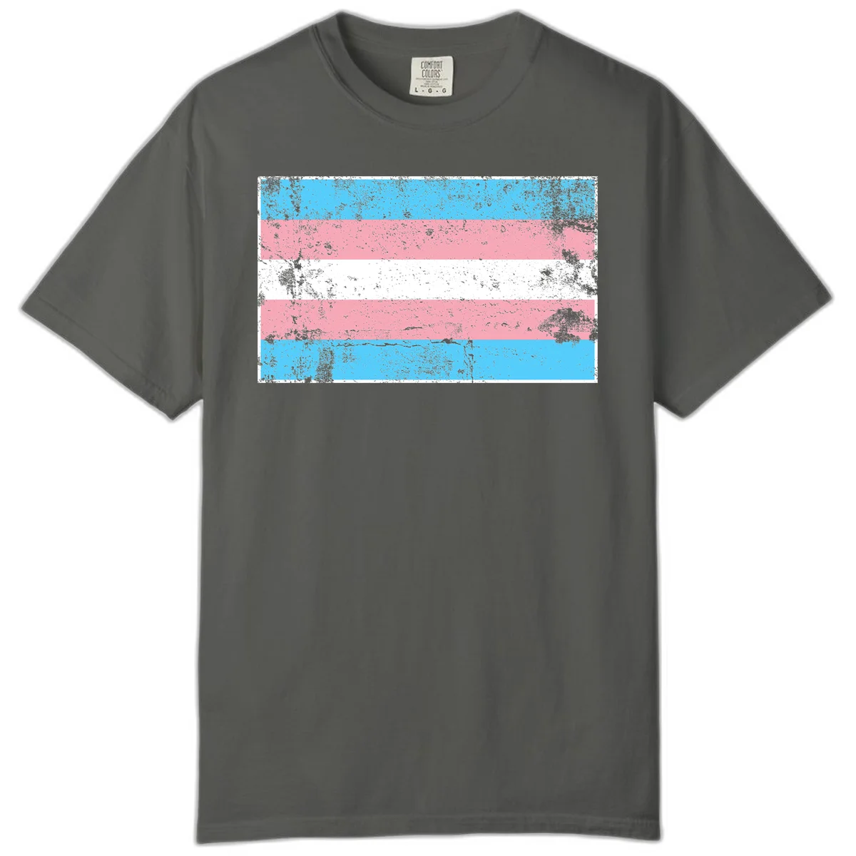 Distressed transgender pride flag with cyan, pink, and white horizontal stripes and weathered grunge texture in Pepper