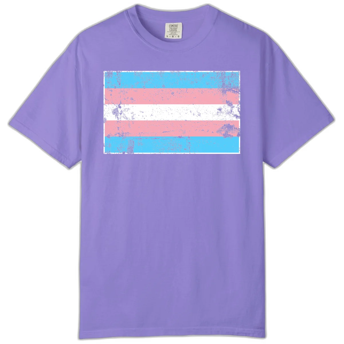 Distressed transgender pride flag with cyan, pink, and white horizontal stripes and weathered grunge texture in Violet
