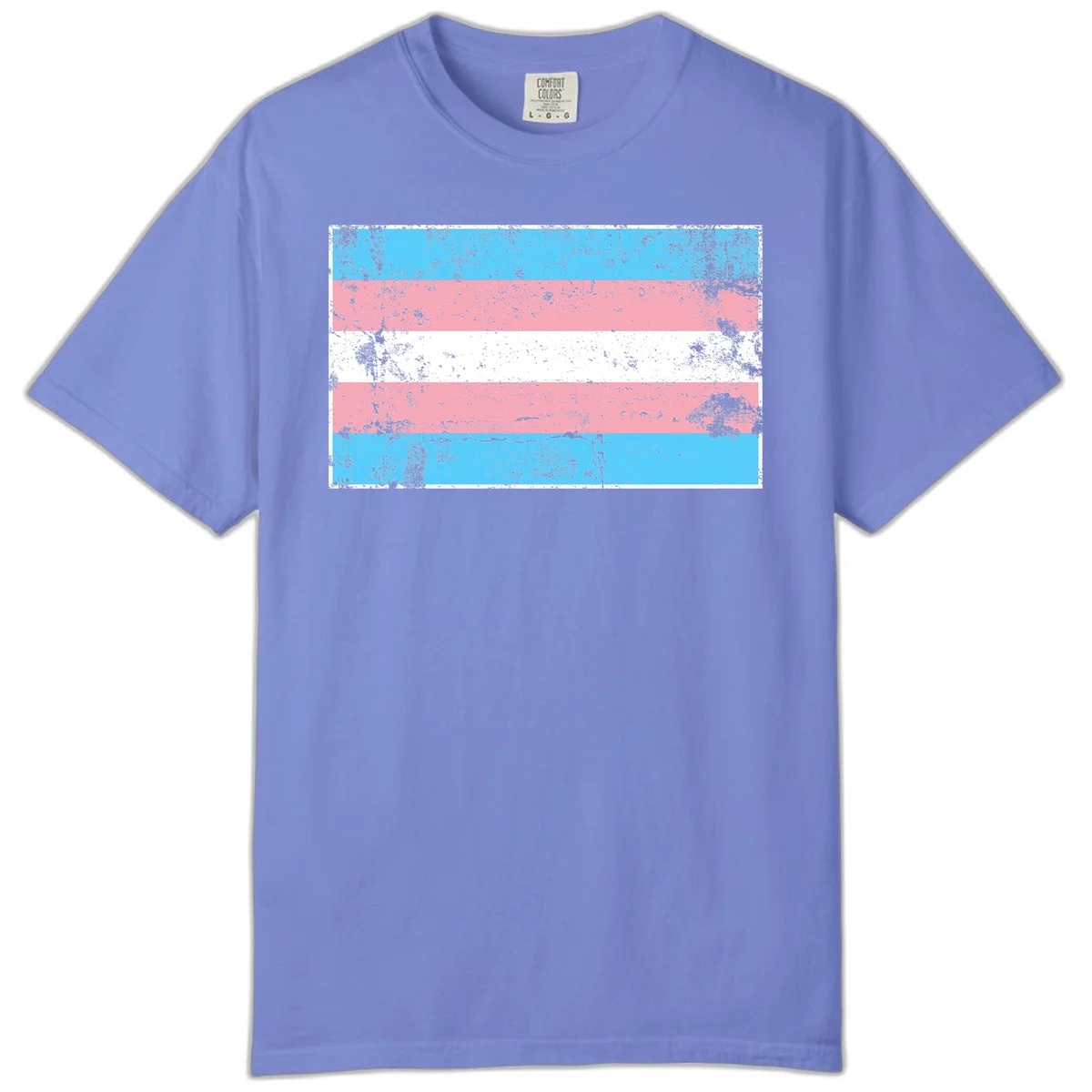 Distressed transgender pride flag with cyan, pink, and white horizontal stripes and weathered grunge texture in Flo Blue