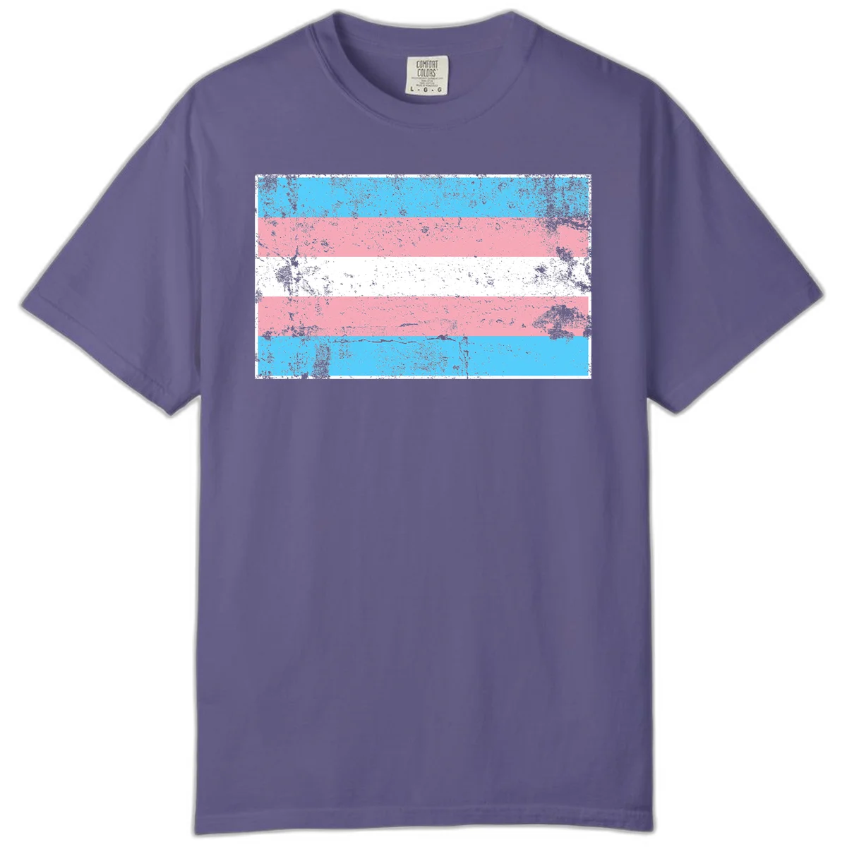 Distressed transgender pride flag with cyan, pink, and white horizontal stripes and weathered grunge texture in Grape