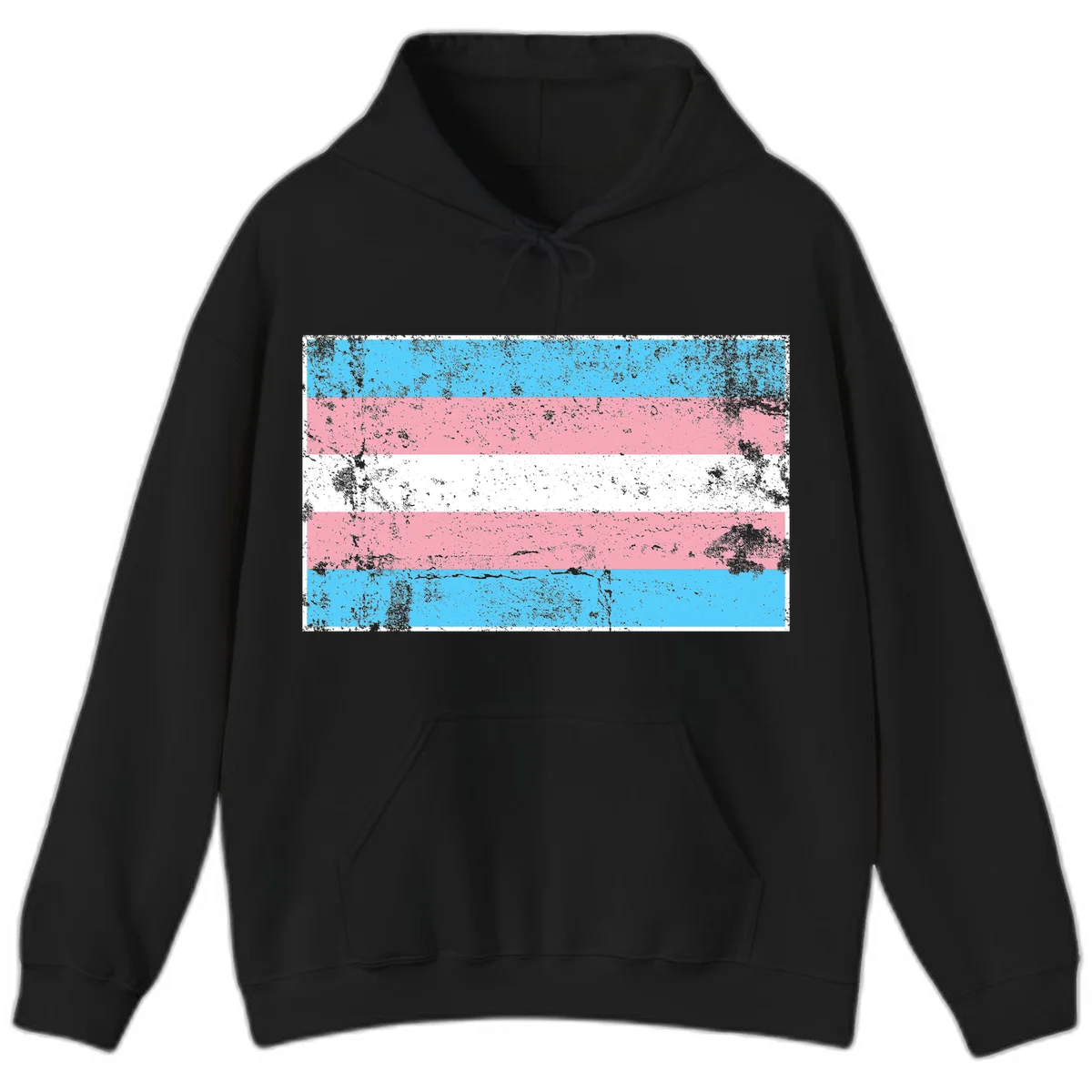 Distressed transgender pride flag with cyan, pink, and white horizontal stripes and weathered grunge texture in Black