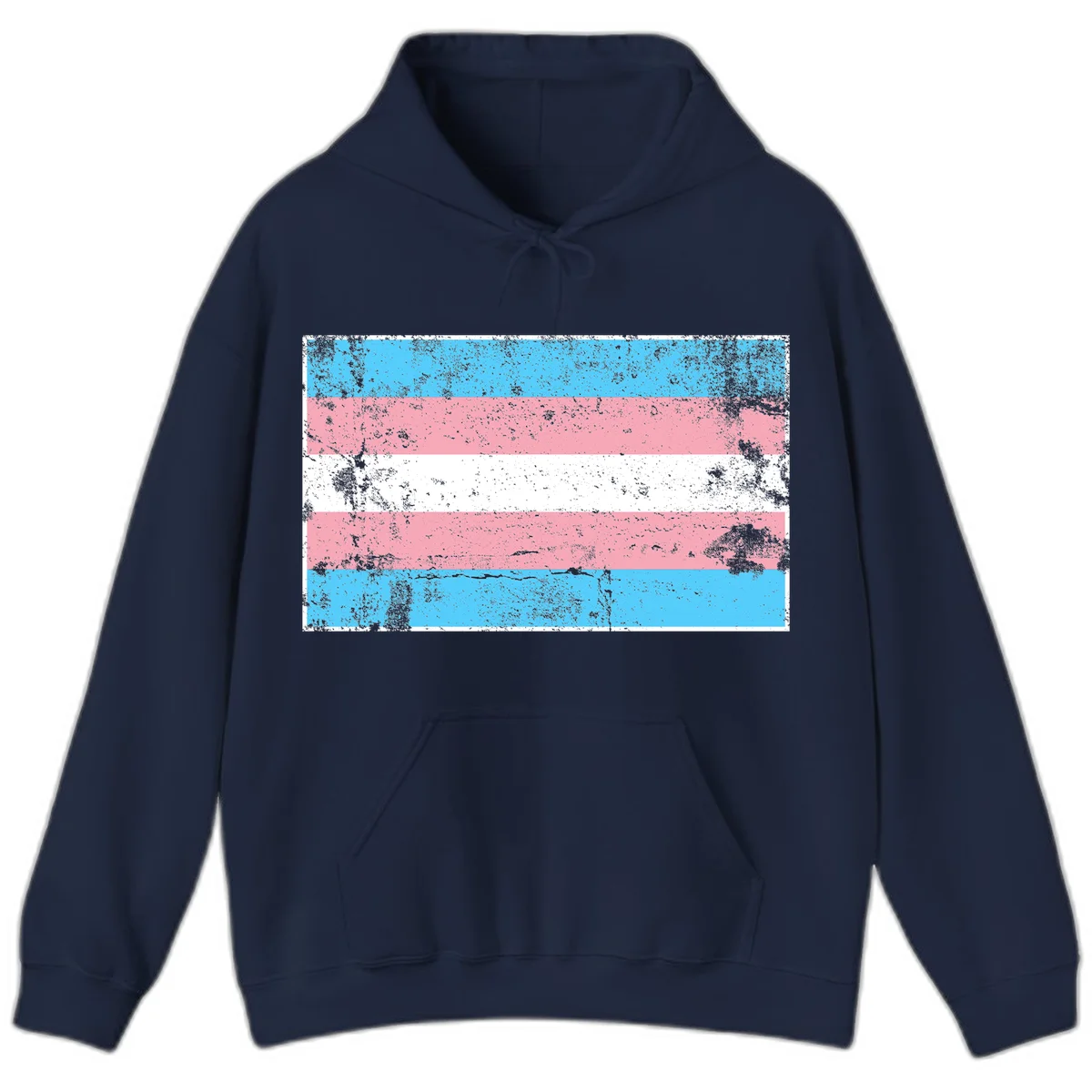 Distressed transgender pride flag with cyan, pink, and white horizontal stripes and weathered grunge texture in Navy