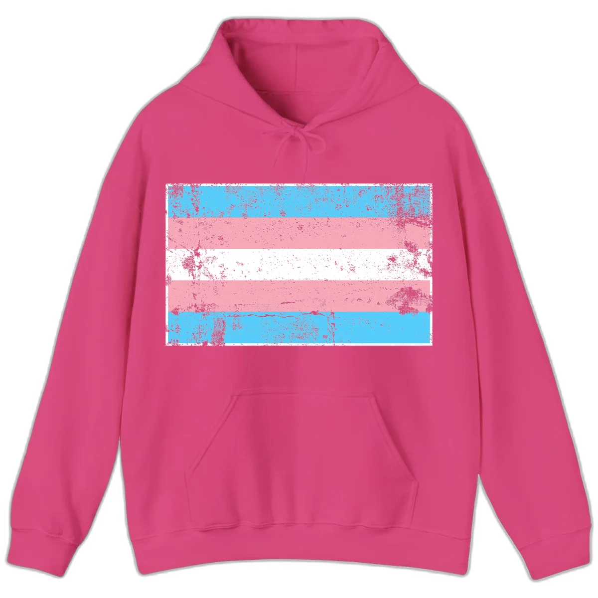 Distressed transgender pride flag with cyan, pink, and white horizontal stripes and weathered grunge texture in Heliconia