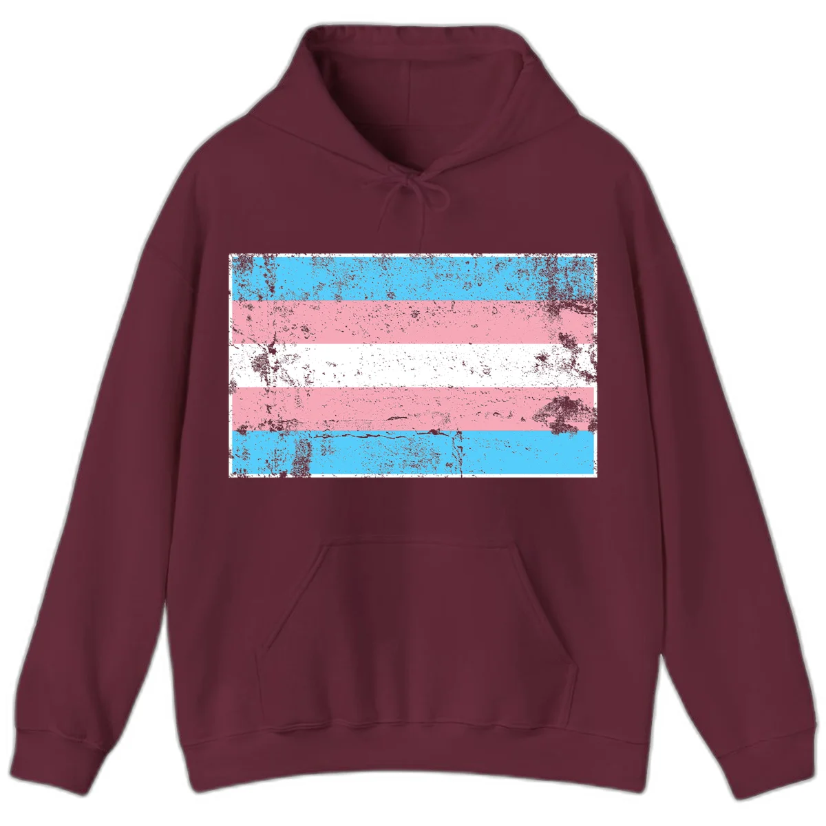 Distressed transgender pride flag with cyan, pink, and white horizontal stripes and weathered grunge texture in Maroon